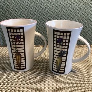 Set of 2 Tall Rustic Tea/Coffee Mugs With Coloured Rims